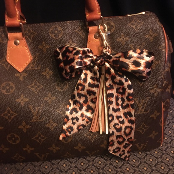 Purse scarf braided tassel clip bag charm leopard brown black W/ gold tassel - Picture 1 of 3